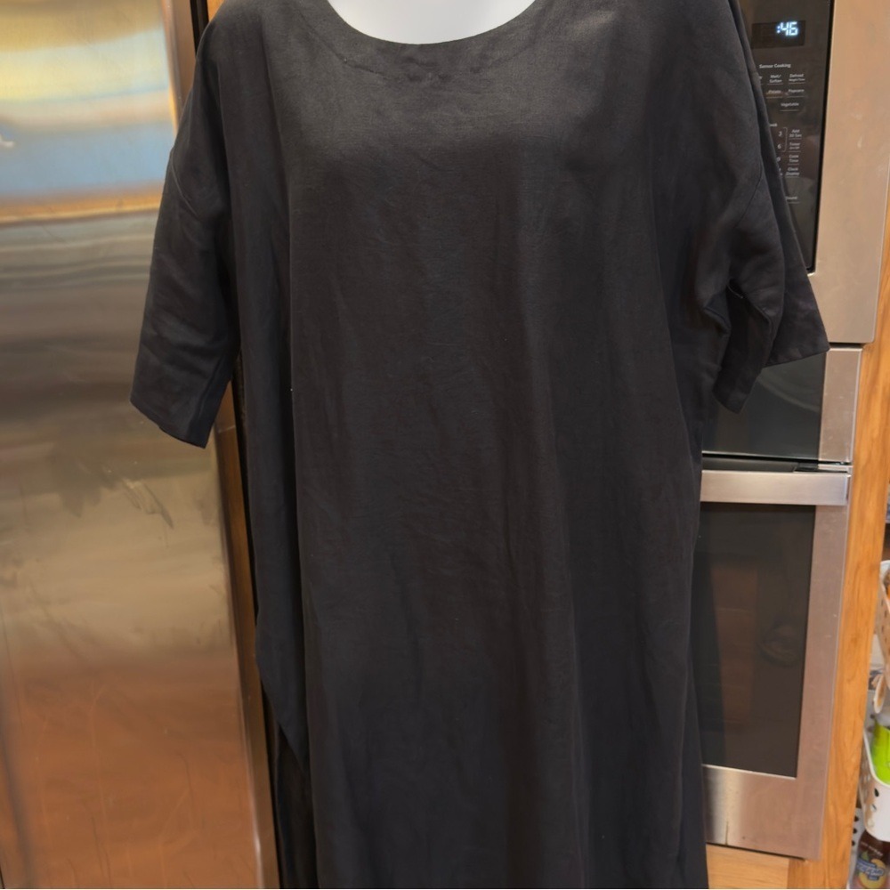 Becasa 100%,Linen Black Casual Dress.. slits up each side.. XL